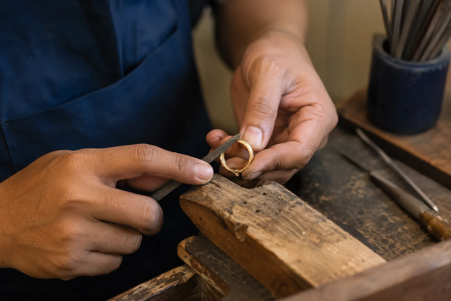 Pengrajin merapikan cincin dengan tangan